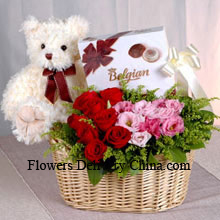 Basket Of Red And Pink Roses, A Box Of Chooclate And A Cute Teddy Bear Delivered in China