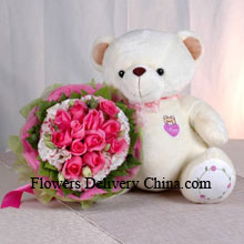 Bunch Of 12 Pink Roses And A Medium Sized Cute Teddy Bear Delivered in China