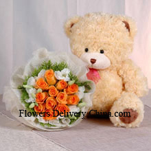 Bunch Of 12 Orange Roses And A Medium Sized Cute Teddy Bear Delivered in China