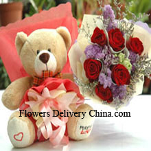Bunch Of 6 Red Roses And A Medium Sized Cute Teddy Bear Delivered in China