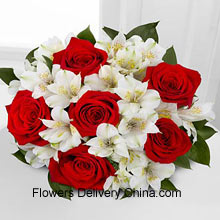Bunch Of 6 Red Roses And Seasonal White Flowers Delivered in China