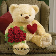 Bunch Of 12 Red Roses With A 32 Inches Tall Teddy Bear Delivered in China