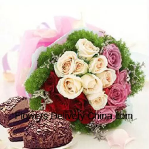 Bunch Of 8 Pink, 8 White And 8 Red Roses With Seasonal Fillers Accompanied With A 1 Lb. (1/2 Kg) Black Forest Cake