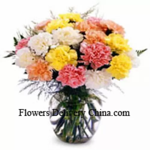 12 Mixed Colored Carnations In A Vase
