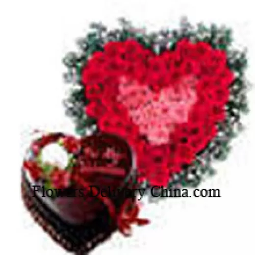 Heart Shaped Arrangement Of 50 Red Roses And A 1 Kg (2.2 Lbs) Chocolate Truffle Cake