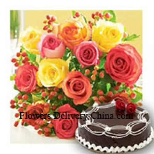 Bunch Of 12 Mixed Colored Roses With Seasonal Fillers and 1/2 Kg (1.1 Lbs) Chocolate Truffle Cake