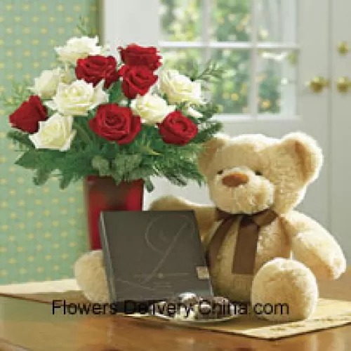 6 Red And 6 White Roses With Some Ferns In A Vase, A Cute Light Brown 10 Inches Teddy Bear And A Box Of Chocolates