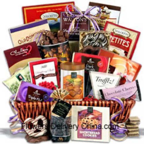 White Day Gift Basket having fantasy truffles, triple chocolate bliss cookies, chocolate almond pecan crunch, chocolate covered cherries, a signature dark chocolate bar, raspberry dark chocolate sticks, chocolate covered toffee peanuts, chocolate dipped Bavarian pretzels, chocolate chunk shortbread cookies, chocolate almond butter crunch, chocolate wafer squares, chocolate shortbread cookies, chocolate truffles, dark chocolate covered raisins, English toffee, chocolate wafer roll, and a triple nut chocolate bar. Amazing selection and the finest quality make this best-selling chocolate gift basket a show stopper! (Please Note That We Reserve The Right To Substitute Any Product With A Suitable Product Of Equal Value In Case Of Non-Availability Of A Certain Product)