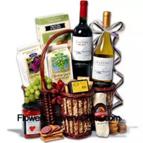 This Father's Day Gift Basket Includes Catena Malbec Mendoza - 750 ml, Catena Chardonnay Mendoza - 750 ml, Hors Doeuvre Deli Style Crackers by Partners, Hickory & Maple Smoked Cheese by Sugarbush Farm, Butcher Wrapped Summer Sausage by Sparrer Sausage Co,  Tomato Bruschetta by Elki, White Wine Biscuit by American Vintage and Red Wine Biscuit by American Vintage. (Contents of basket including wine may vary by season and delivery location. In case of unavailability of a certain product we will substitute the same with a product of equal or higher value)