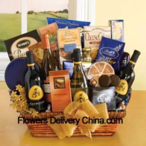 This Gift Basket includes four bottles of California Wine - Chardonnay, Merlot, Cabernet Sauvignon and Pinot Noir, Bruschetta Toast, Salami, Tin of Chocolate-Covered Sandwich Cookies, Cocoa Mix, Almonds, Smoked Salmon, Biscotti, Brie Cheese, Olives, Crackers, Ghirardelli Chocolate Bar, Cheese Straws, Lindt Chocolate Truffles And Blondie Cookies. (Contents of basket including wine may vary by season and delivery location. In case of unavailability of a certain product we will substitute the same with a product of equal or higher value)