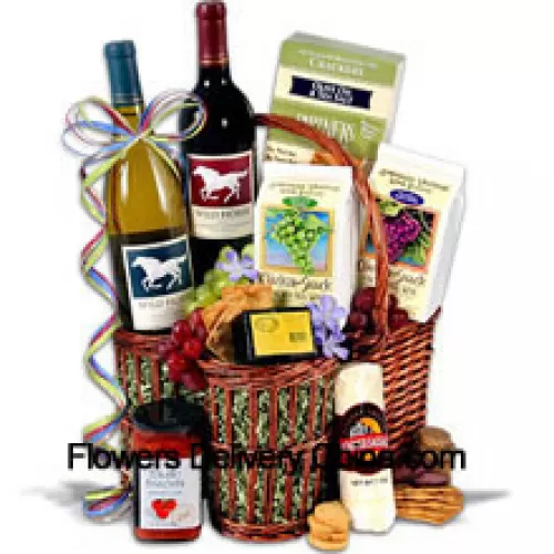 This Gift Basket Includes Wild Horse - Cabernet Sauvignon - 750ml, Wild Horse - Chardonnay - 750ml, Hors Doeuvre Deli Style Crackers by Partners, Hickory & Maple Smoked Cheese by Sugarbush Farm, Butcher Wrapped Summer Sausage by Sparrer Sausage Co, Tomato Bruschetta by Elki, Red Wine Biscuit by American Vintage and White Wine Biscuit by American Vintage.  (Contents of basket including wine may vary by season and delivery location. In case of unavailability of a certain product we will substitute the same with a product of equal or higher value)